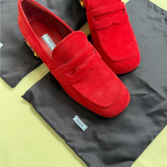Prada Red Suede Jeweled Block Heel Loafers - Picture 9 of 9
